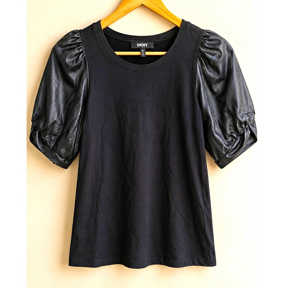DKNY Women's XL Black Knit Top Faux Leather Puff Sleeve Statement Blouse